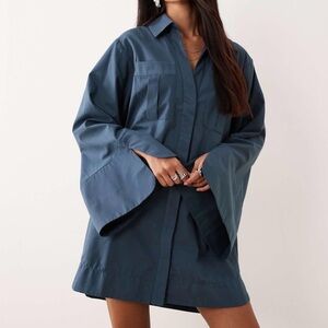 ASOS DESIGN mini shirt dress with wide cuffs & oversized pockets in inky blue